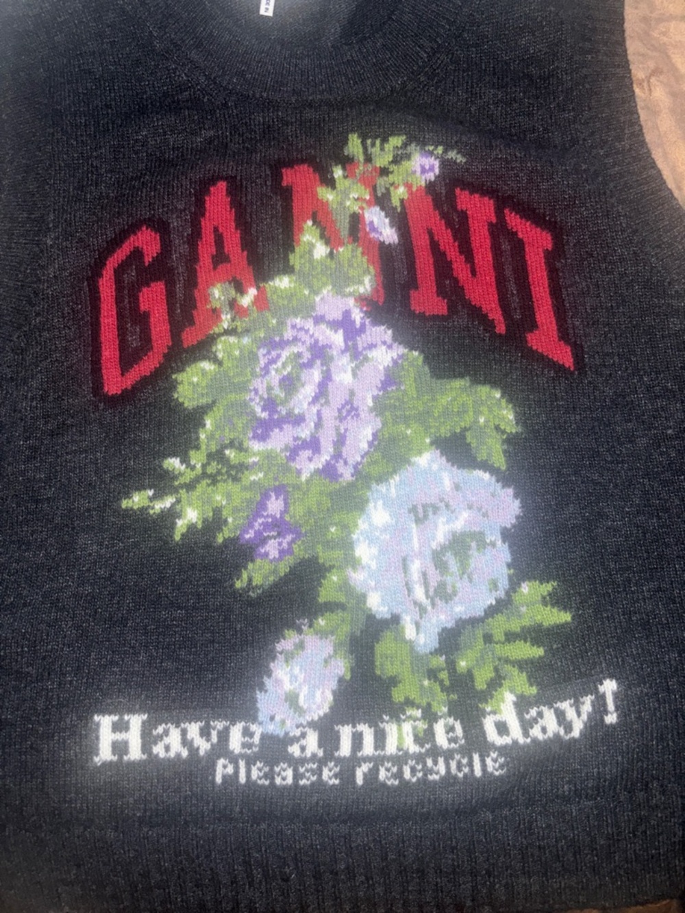 Ganni Black Knit Vest with Red Logo and Lavender Floral Motif